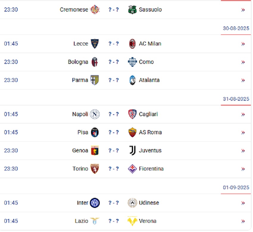 Lịch thi đấu Serie A 2025/26 mới nhất Lich thi dau Serie A 2025/26 vong 3