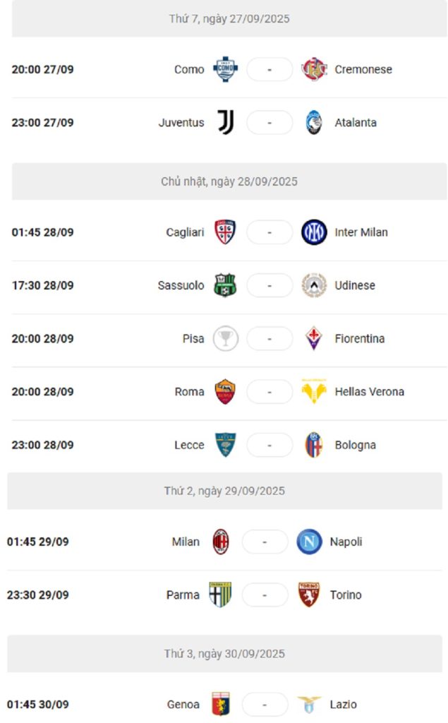 Lich thi dau Serie A 2025/26 vong 5