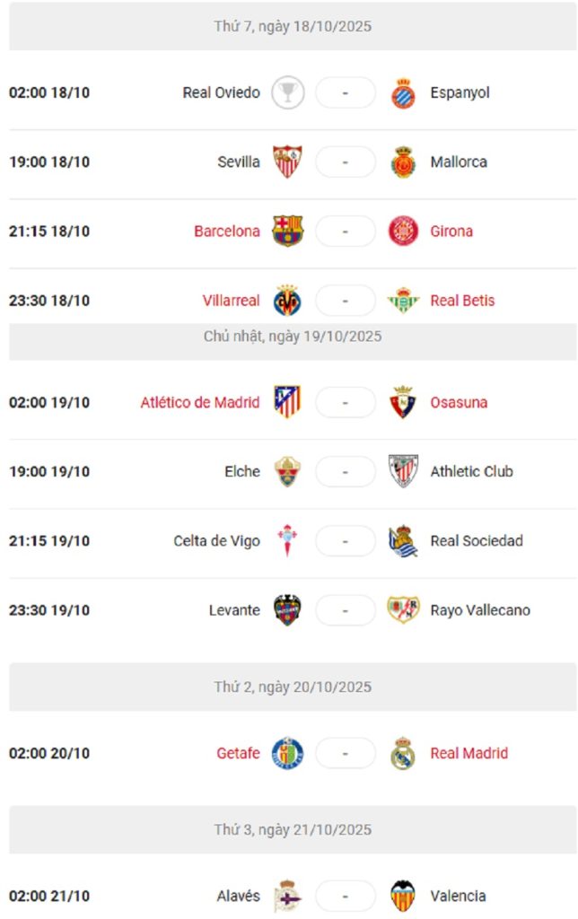 Lich thi dau vong 9 La Liga 2025/26