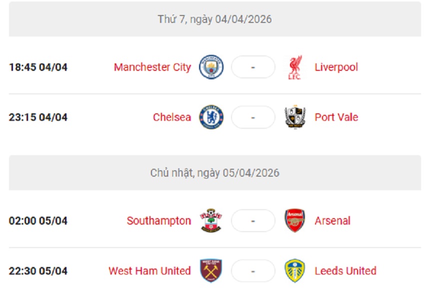 Lich thi dau FA CUP 2025/26 vong tu ket