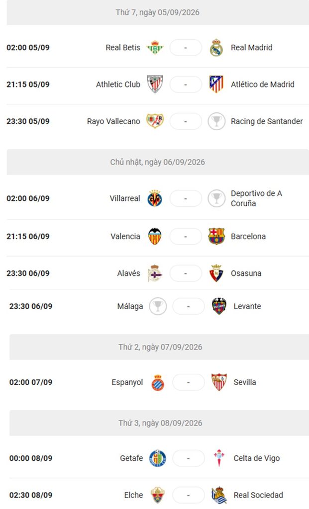 Lich thi dau La Liga 2026/27 vong 4